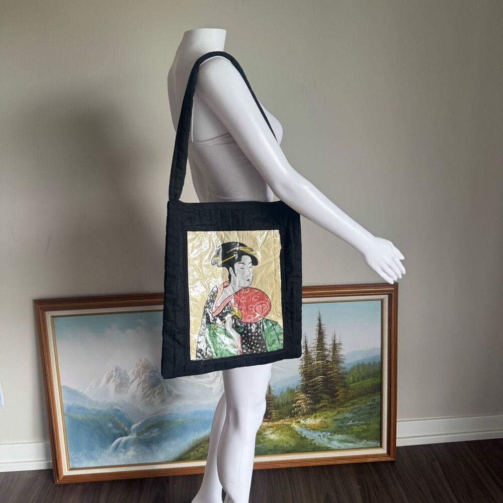 Vintage Black & Gold Geisha Print Quilted Tote Bag
